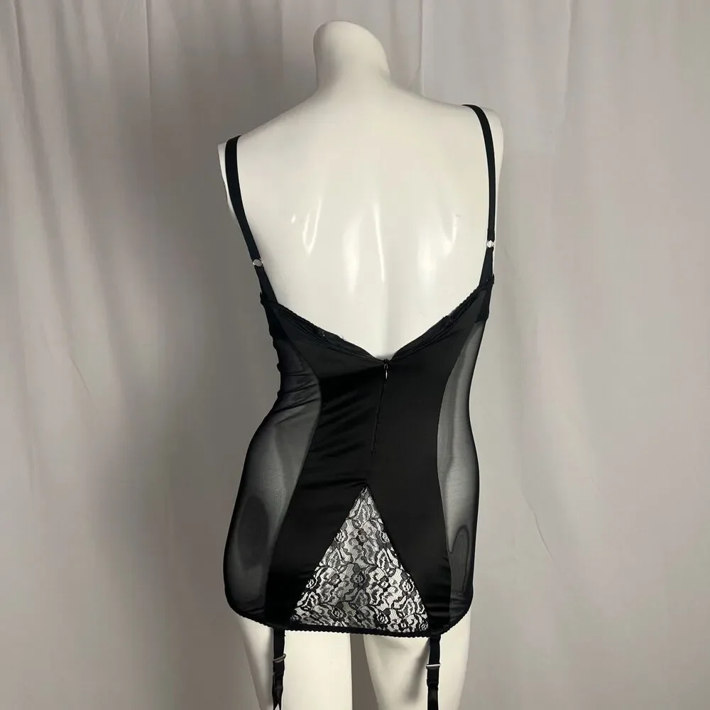 Y2K Vintage Victoria's Secret Black Slip Dress Mesh Panels Lace Garter Size 34C